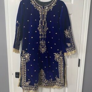 Elegant Blue and Gold Dress Pakistani